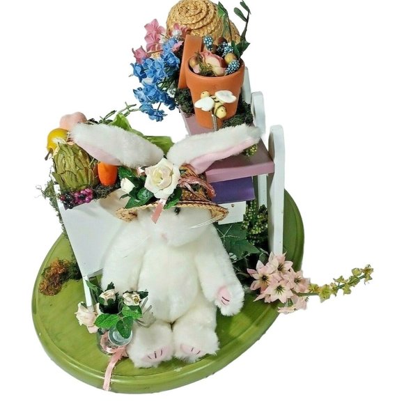 EASTER BUNNY SPRING SUMMER WOOD GARDEN BENCH FLORAL BIRDHOUSE CENTERPIECE - Picture 2 of 12